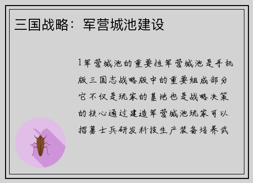 三国战略：军营城池建设