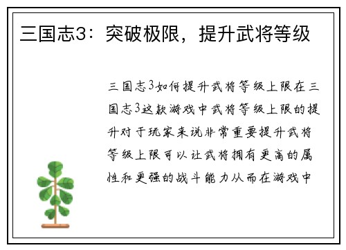 三国志3：突破极限，提升武将等级