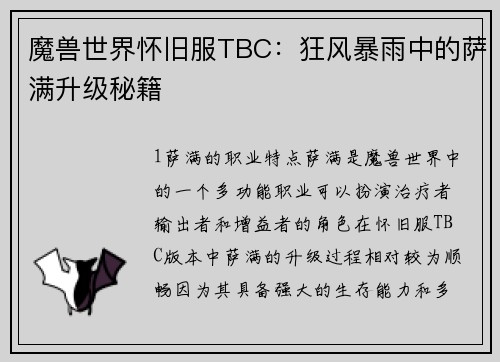 魔兽世界怀旧服TBC：狂风暴雨中的萨满升级秘籍